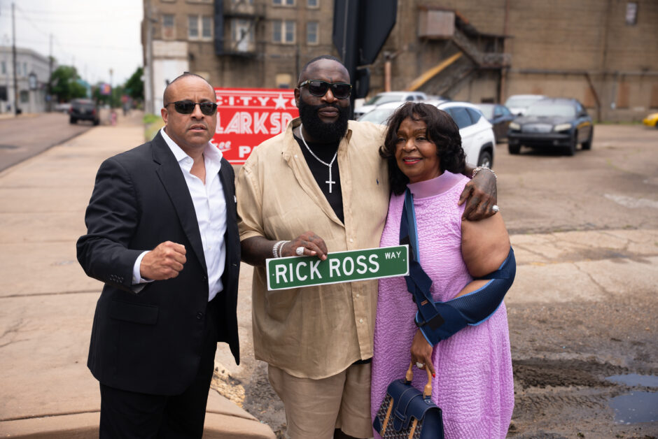 Mayor Chuck Espy, Rick Ross, Tommie Roberts at his street naming ceremony in Clarksdale, Mississippi